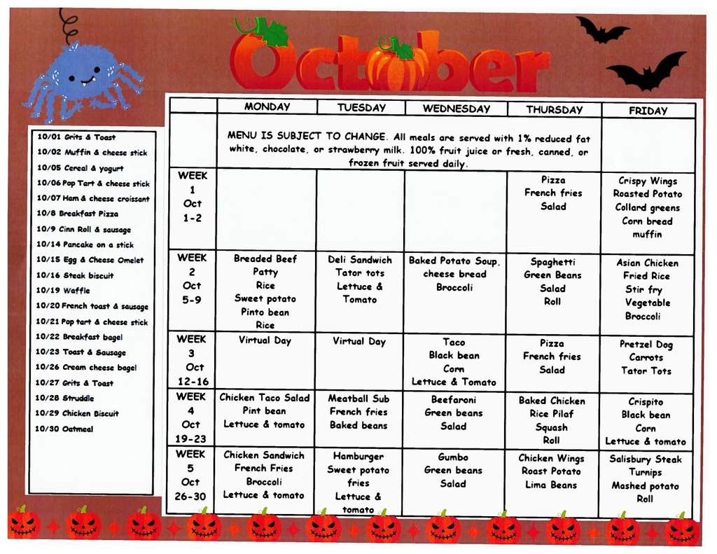 A school menu for October features a Halloween-themed layout with pumpkins and bats. The menu includes breakfast, lunch, and dinner for five days.