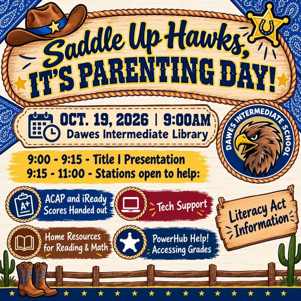 Poster shows event details for Saddle Up Hawks, It's Parenting Day, with a cowboy hat, badge, and eagle.
