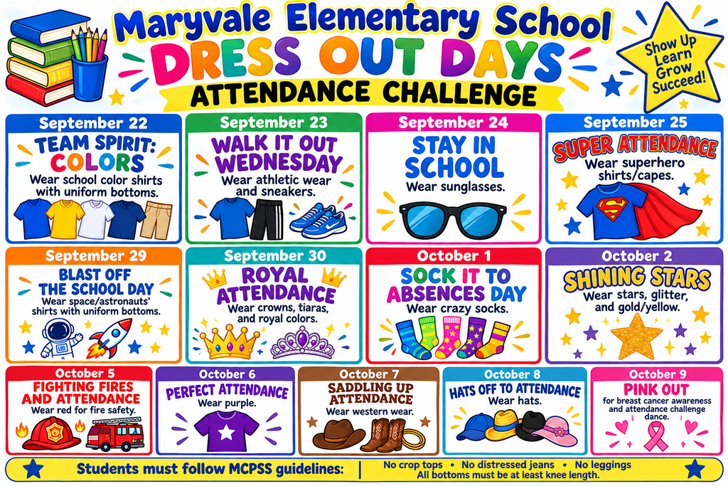 A colorful chart shows a week of themed dress-out days, each with specific clothing items to wear.