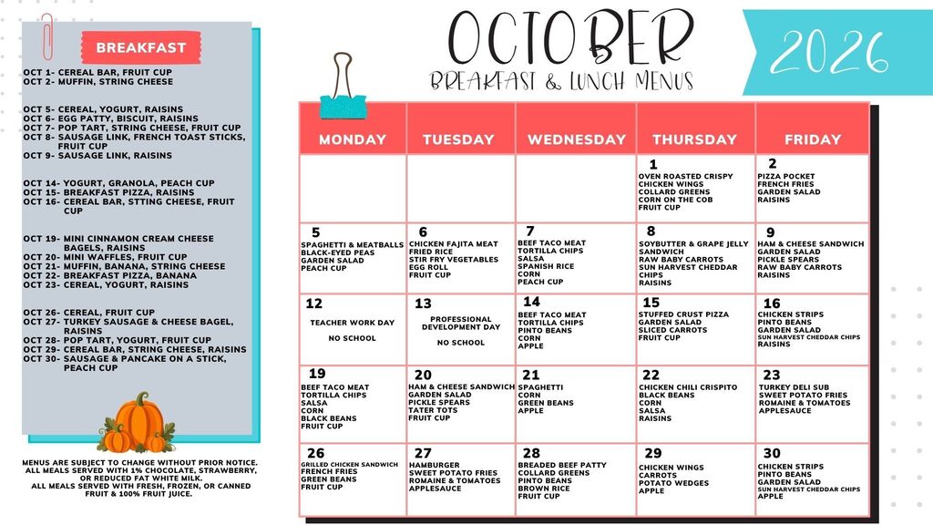 A menu planner for October 2022, with breakfast options listed on the left and a menu calendar on the right.
