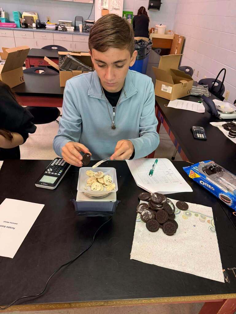 A student in a blue jacket weighs cookies on a scale at a table, surrounded by a calculator, paper, and a box.