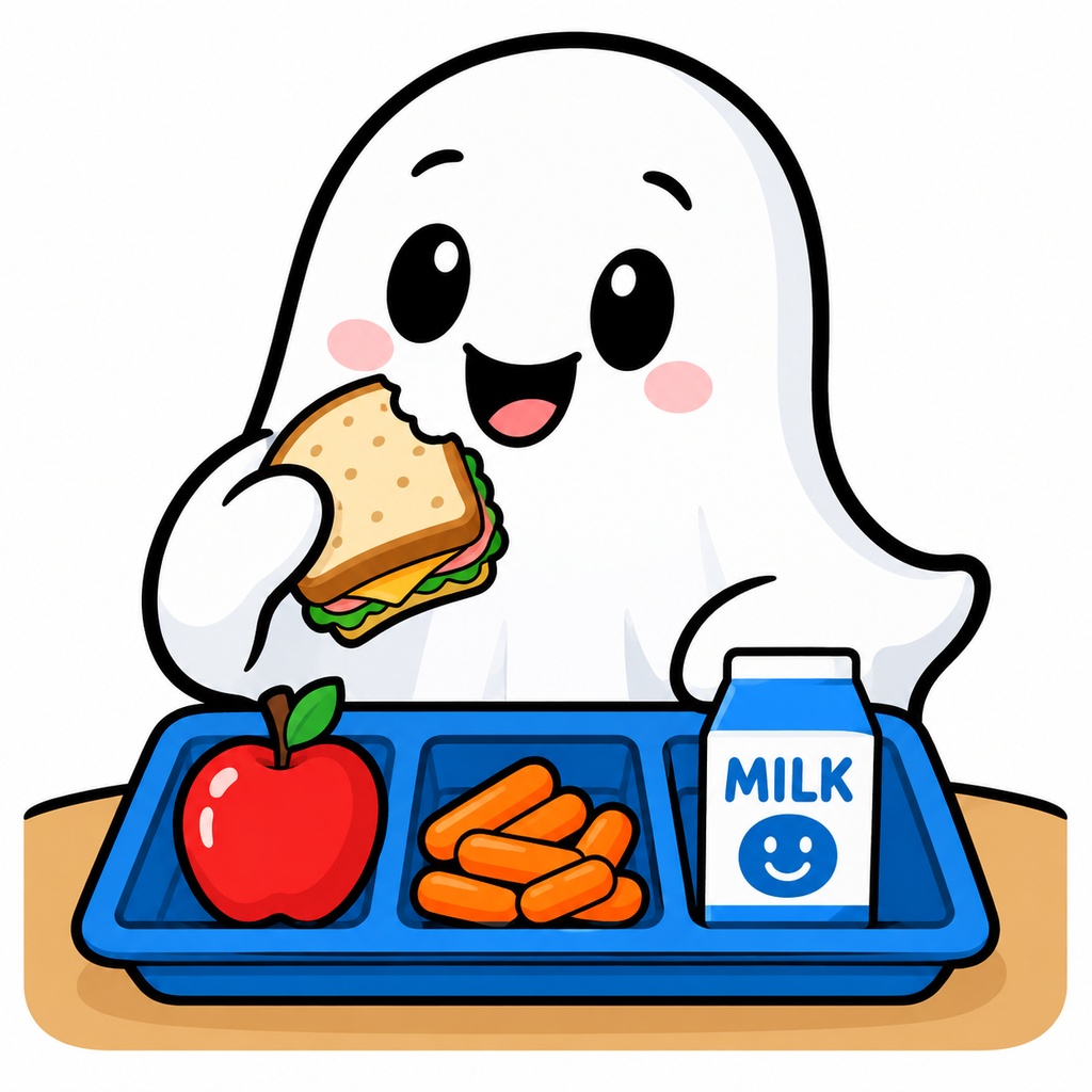 Cartoon ghost holding a sandwich with a tray that has an apple, carrots, and a milk carton.