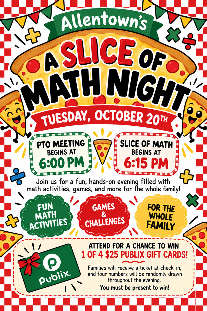 A poster with a red and white checkered background promoting "Alltown's A Slice of Math Night" for October 20th.