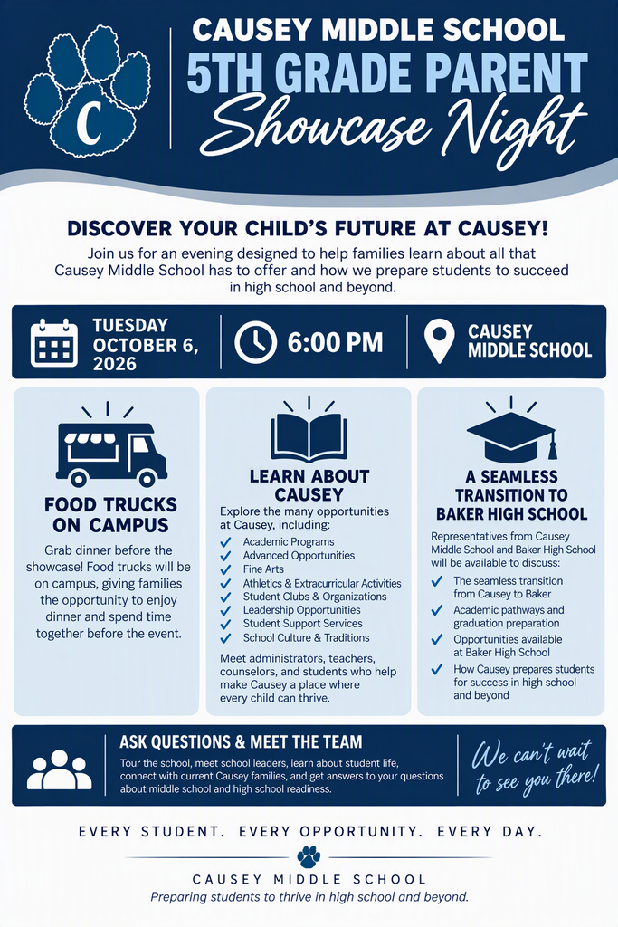 An event flyer for "Causey Middle School 5th Grade Parent Showcase Night" with details about the event on Oct 6, 2026.