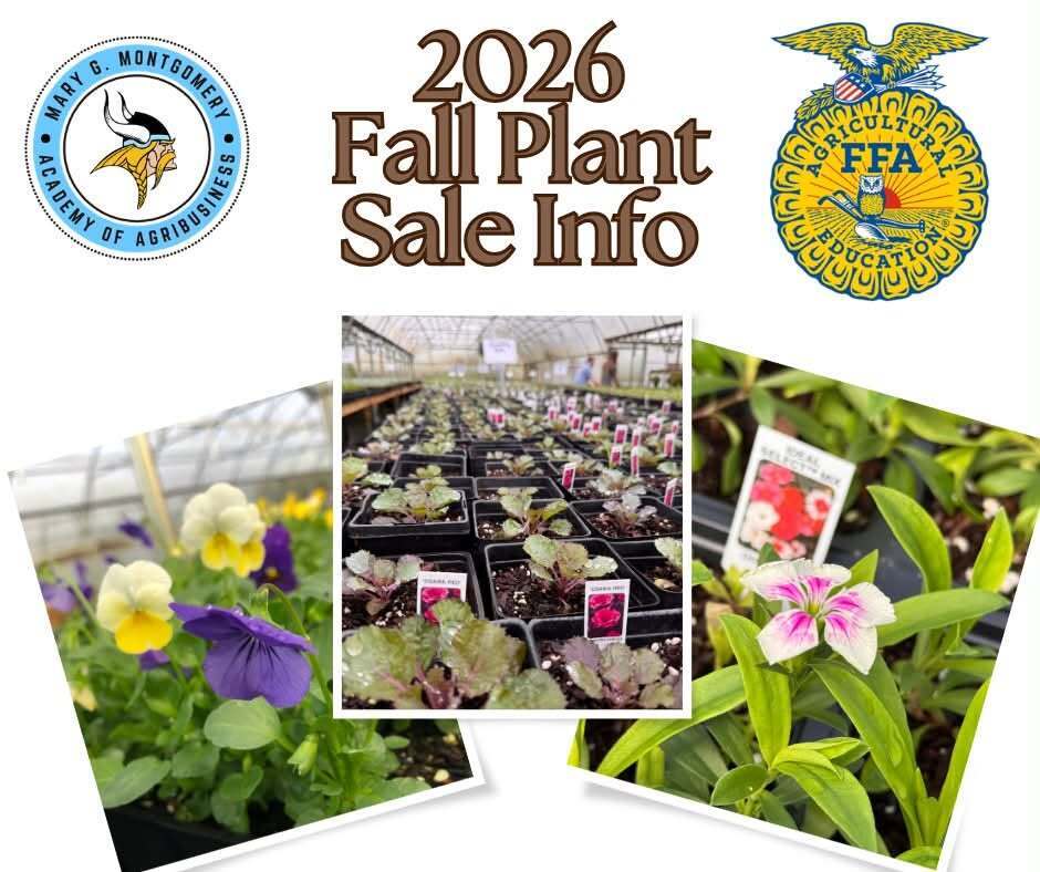 A collage of flowers in pots, with a 2026 Fall Plant Sale Info banner. Logos include Department of Agriculture, and FFA.
