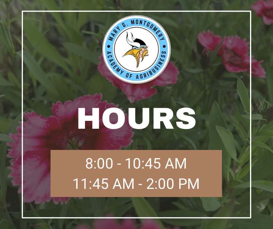A poster with a floral background displays text "HOURS" and the operating times 8:00 - 10:45 AM and 11:45 AM - 2:00 PM.