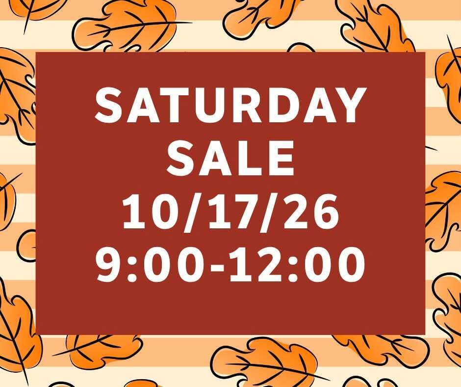 A maroon box with white text reads "SATURDAY SALE 10/17/26 9:00-12:00". Leaves are scattered on an orange and white striped background.