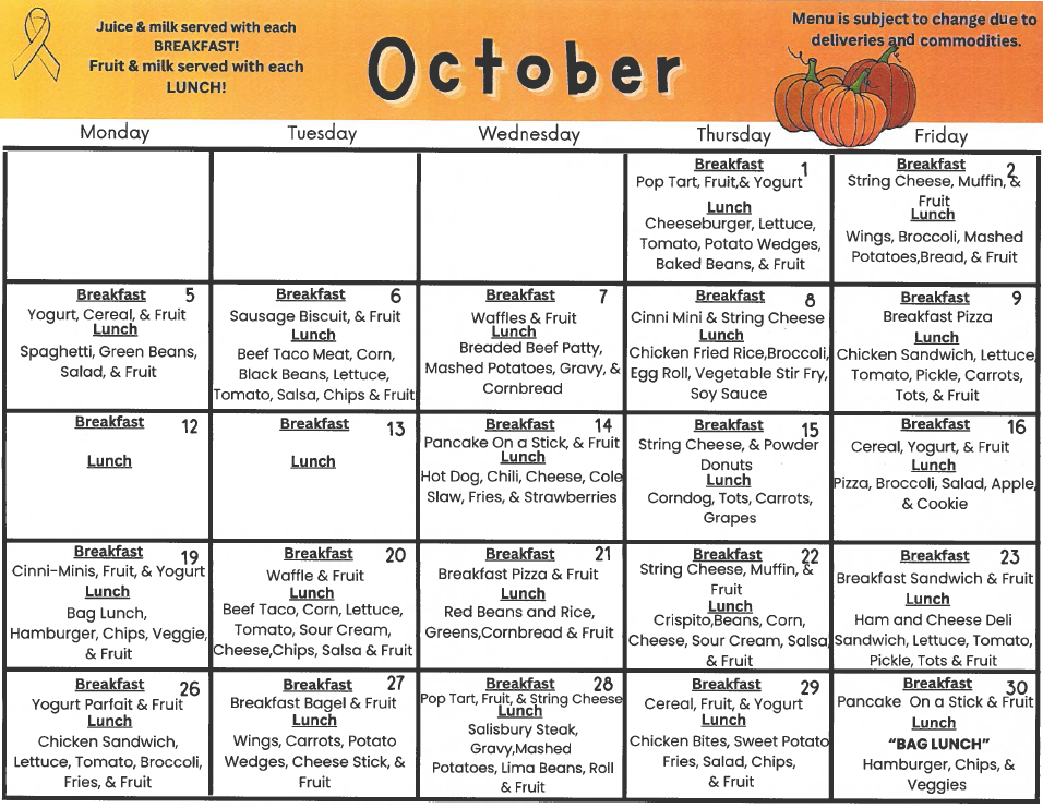Decorative Flyer for October Menu Choices for staff and students