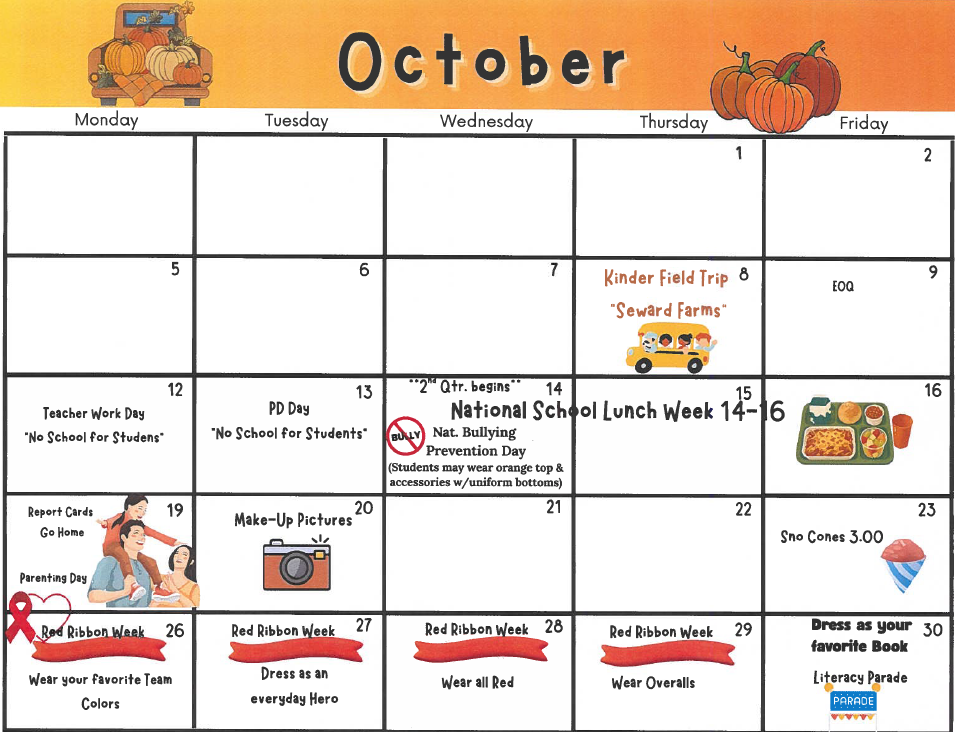Decorative October Calendar of News and Events for Families
