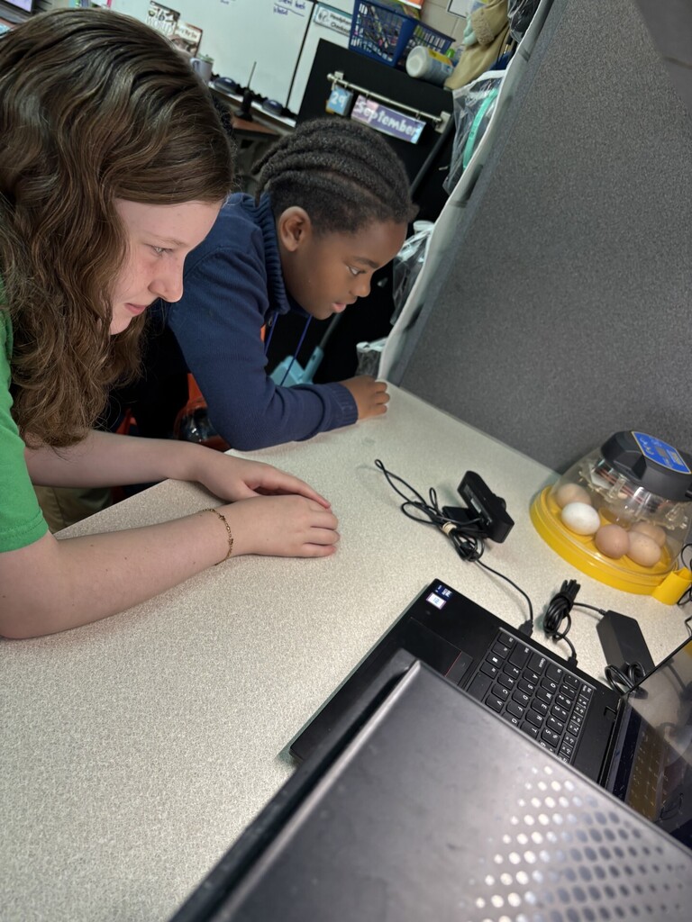 Two students observe an incubator containing eggs. One person has long brown hair and a green shirt. The other has braided hair and a blue shirt.