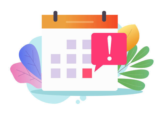 A calendar with purple squares representing dates, except for the last one, which is red and has an exclamation point in a speech bubble, implying something is due that day.