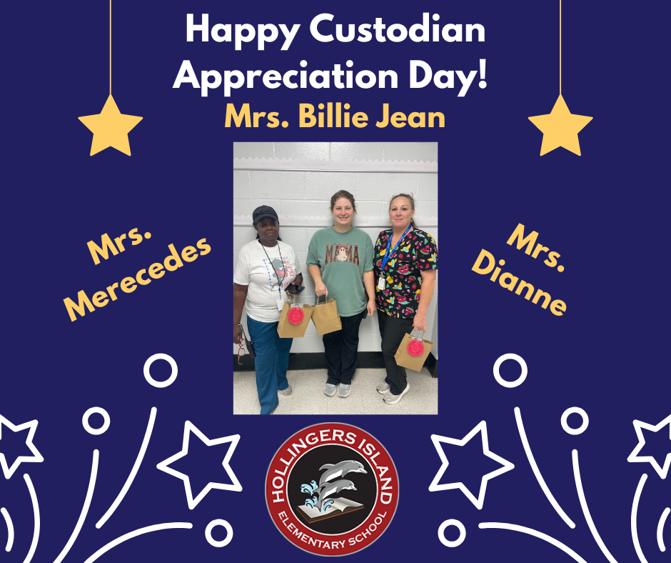 Poster for Custodian Appreciation Day. Three individuals hold gifts. Text includes "Happy Custodian Appreciation Day!" and names of the custodians.