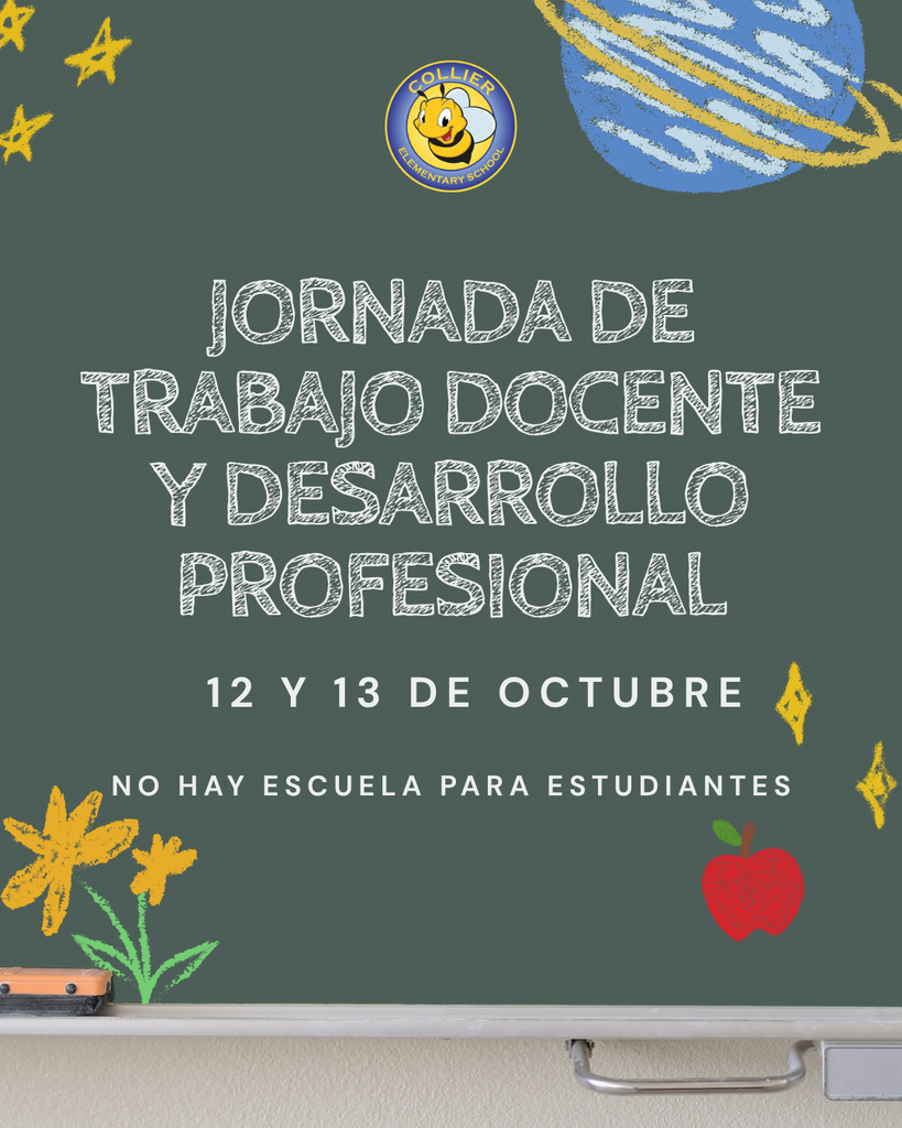 A chalkboard displays text and icons about a teacher's work and professional development event. The text is in white with a green background.