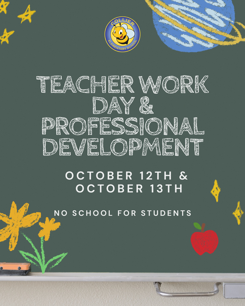 Green board with white text and yellow stars, flowers, and apple. Logo above text reads "Teacher Work Day & Professional Development."