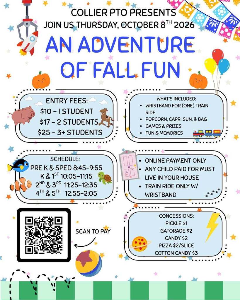 A flyer for "An Adventure of Fall Fun" on Oct. 8, 2026, lists entry fees, schedule, and online payment options.