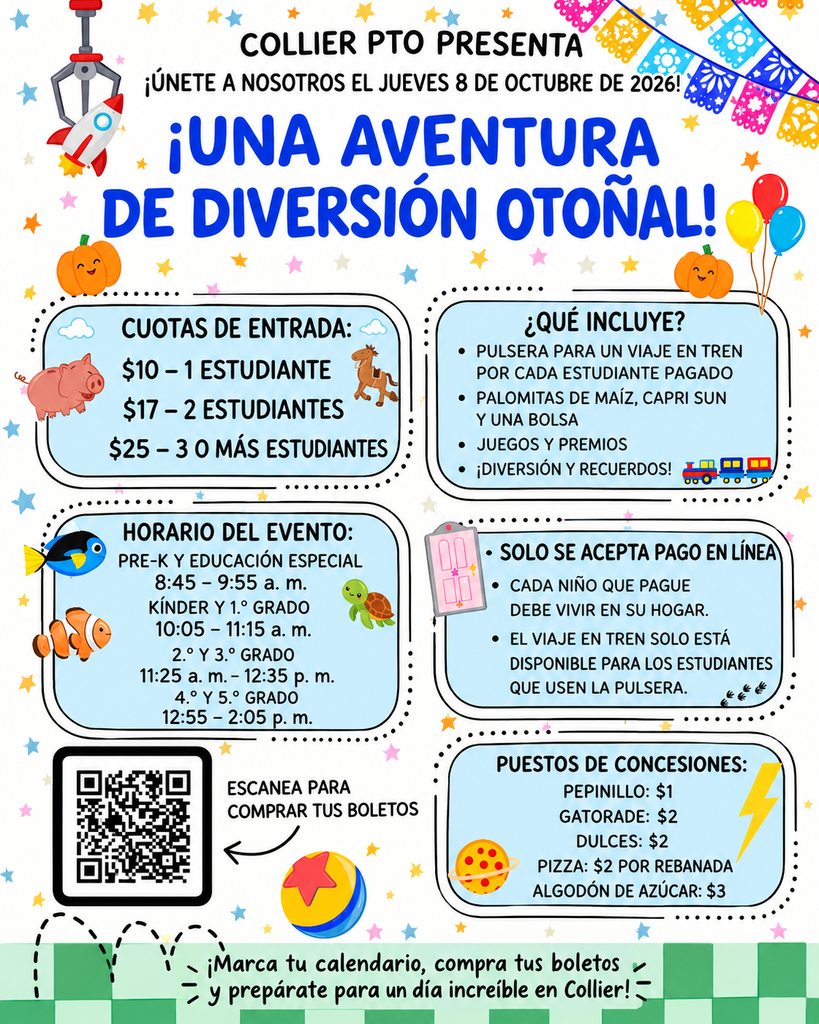 Event flyer shows entry fees, times, and what's included. Entry fees: $10-1 student, $17-2 students, $25-3+. Event runs 10:05-11:35, 12:25-1:25, 1:55-2:55. Includes train ride, balloon pop, caprisun.