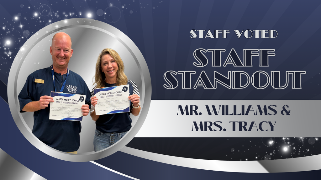 Two people holding certificates. Text reads "Staff Voted Staff Standout". Mr. Williams and Mrs. Tracy.