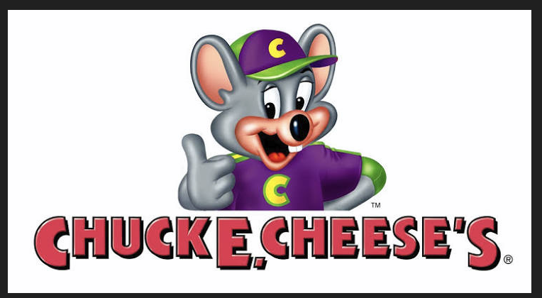 Chuck E Cheese logo with a mouse wearing a cap and shirt giving a thumbs up.