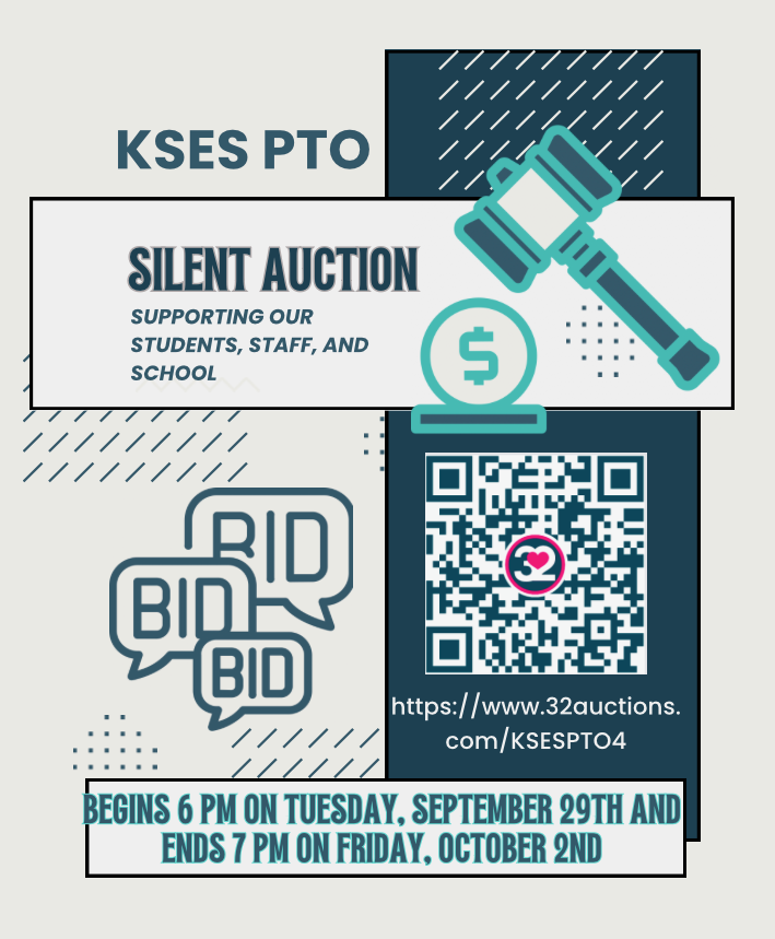 A silent auction poster displays a gavel, QR code, and text about an event for the KSES PTO.