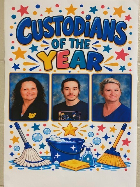 A white poster displays three photos of people with "Custodians of the Year" at the top. The three photos show adults. Cleaning items surround the photos.