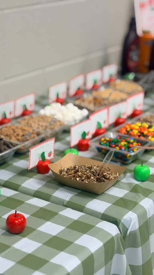 Long table with a green and white checkered tablecloth, food trays with nuts, marshmallows, and candy, and apples.