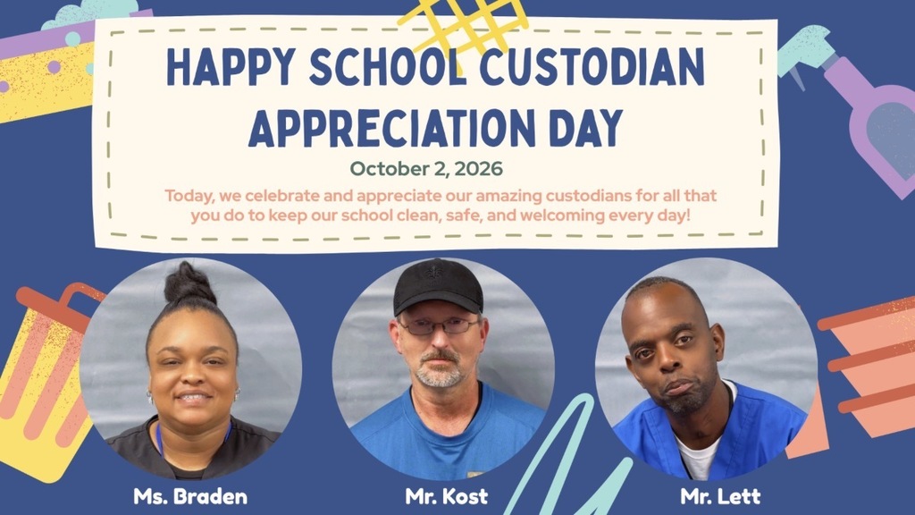 Blue background with text and three faces. Text reads "Happy School Custodian Appreciation Day October 2, 2026".