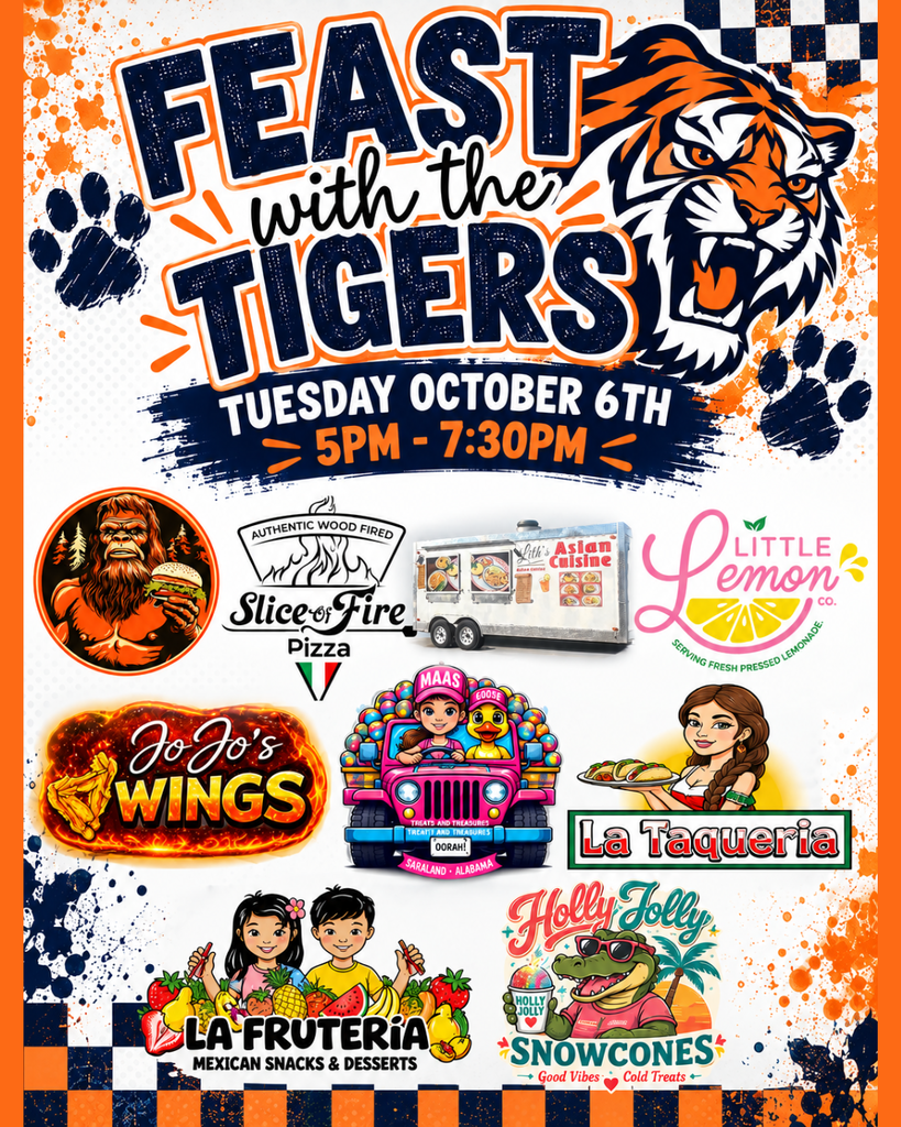 Orange and black background with white text. "Feast with the Tigers" in large white letters. Logos for Slice Fire Pizza, JoJo's Wings, Little Lemon, La Taqueria, La Fruteria, Holly Jolly, and Snowcones.