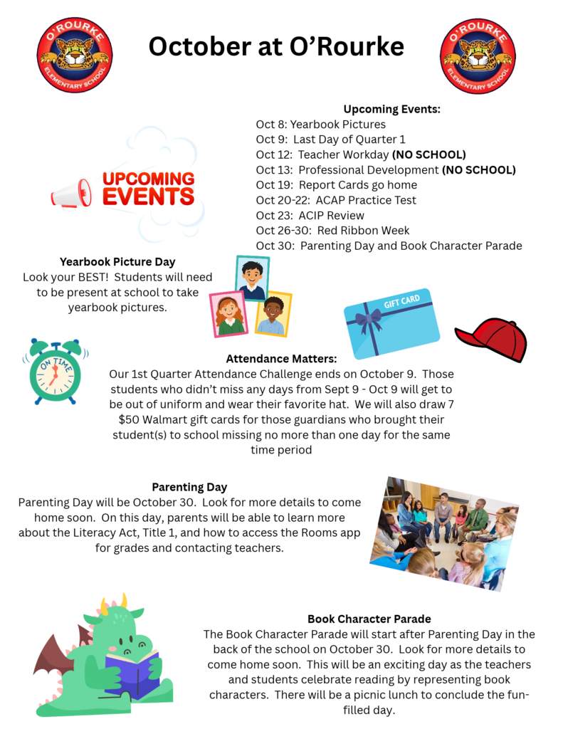 Calendar for October at O'Rourke displays events and dates. Items include "Yearbook Picture Day," "Upcoming Events," and "Parenting Day."