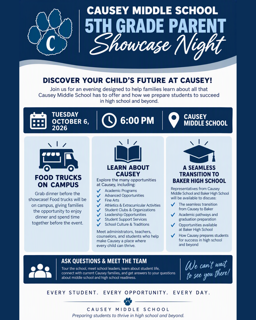 Blue and white flyer promoting a 5th grade parent showcase night at Causey Middle School. The event is on October 6 at 6:00 PM.