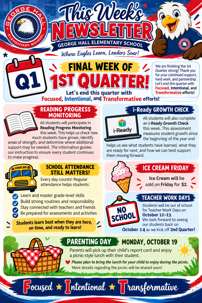 Newsletter showing a calendar for Q1, Final Week of 1st Quarter, Reading Progress Monitoring, and other details.
