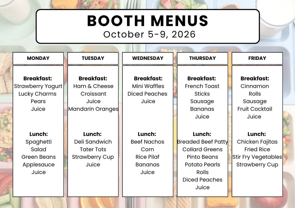 Breakfast and Lunch menu for October 5 - 9