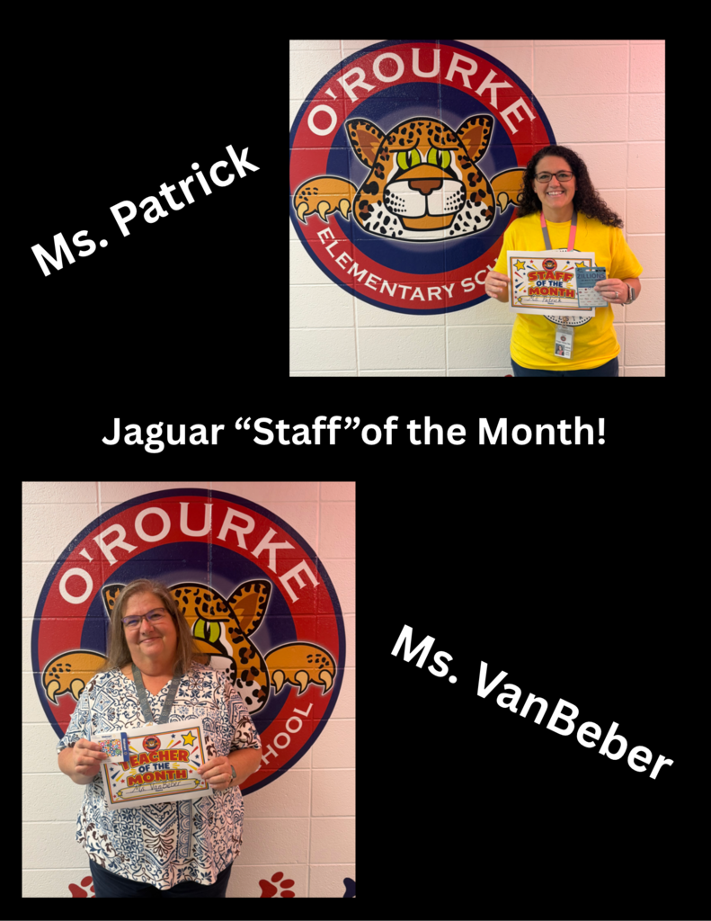 Two women, Ms. Patrick and Ms. VanBebeer, stand with awards. One holds a plaque, and the other holds a certificate. Behind them is a school logo with a leopard.