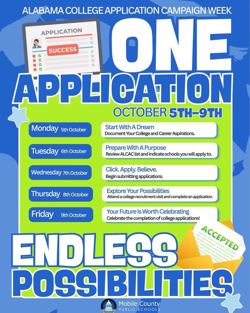 A poster promotes "One Application," featuring text and icons for each day of the week. It encourages applicants to start with a dream and explore possibilities.