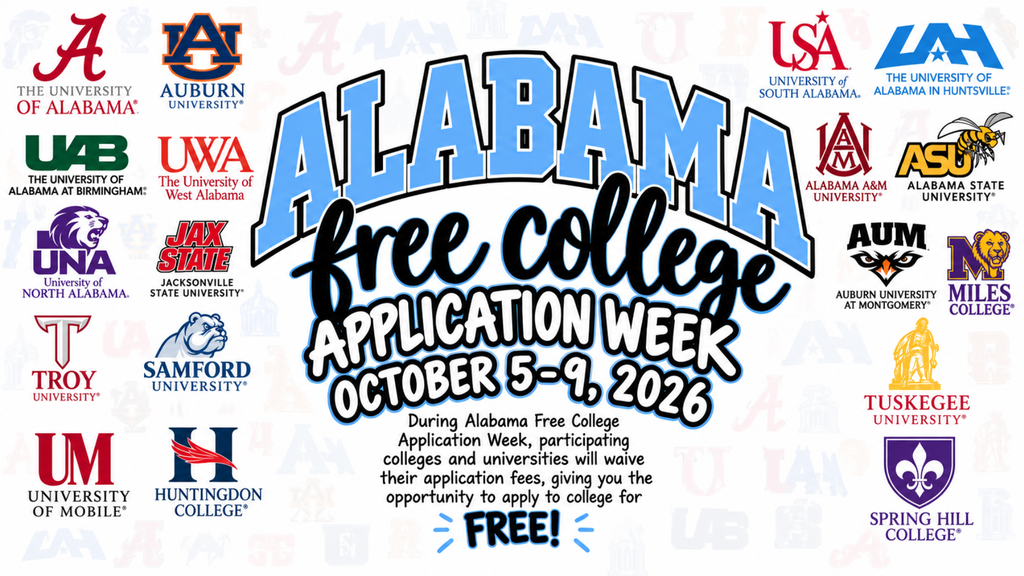 A promotional poster for Alabama Free College Application Week from October 5-9, 2026, featuring logos of participating colleges.