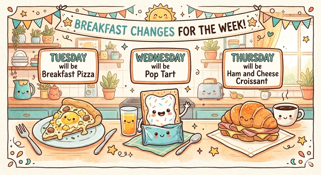 An illustration of a breakfast menu with foods like pizza, pop tart, and croissant. A banner says 'Breakfast Changes for the Week!'