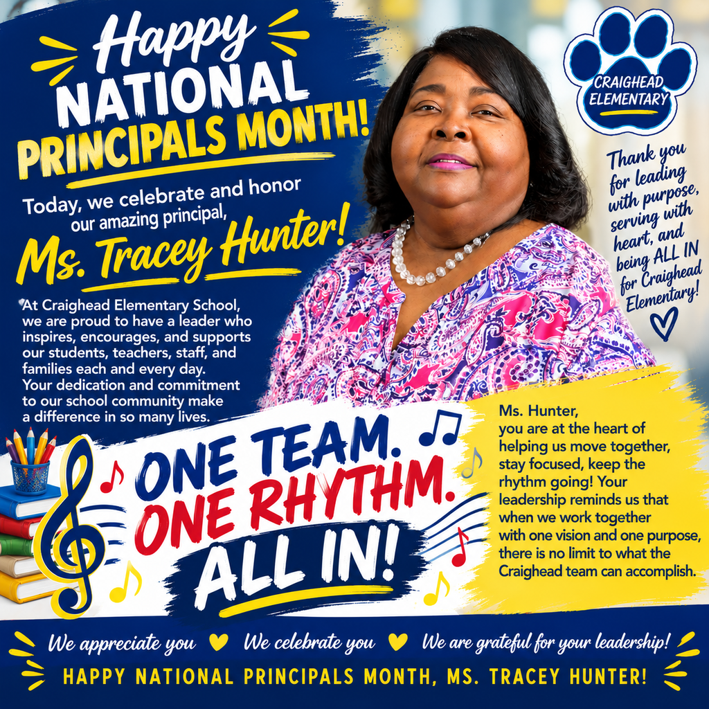 Poster celebrating National Principals Month, featuring a woman, Ms. Tracey Hunter, with text about her dedication and leadership.