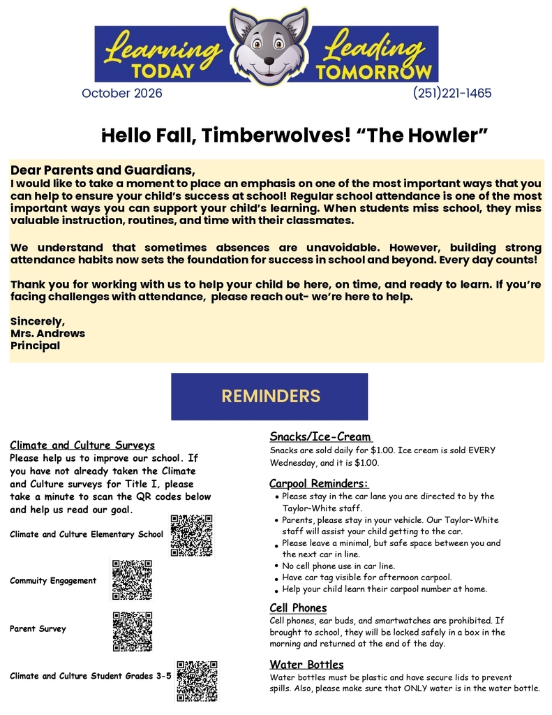 A school newsletter with headings including "Leading Today, Tomorrow" and "Hello Fall, Timberwolves". It includes a principal's letter and reminders about attendance and surveys.