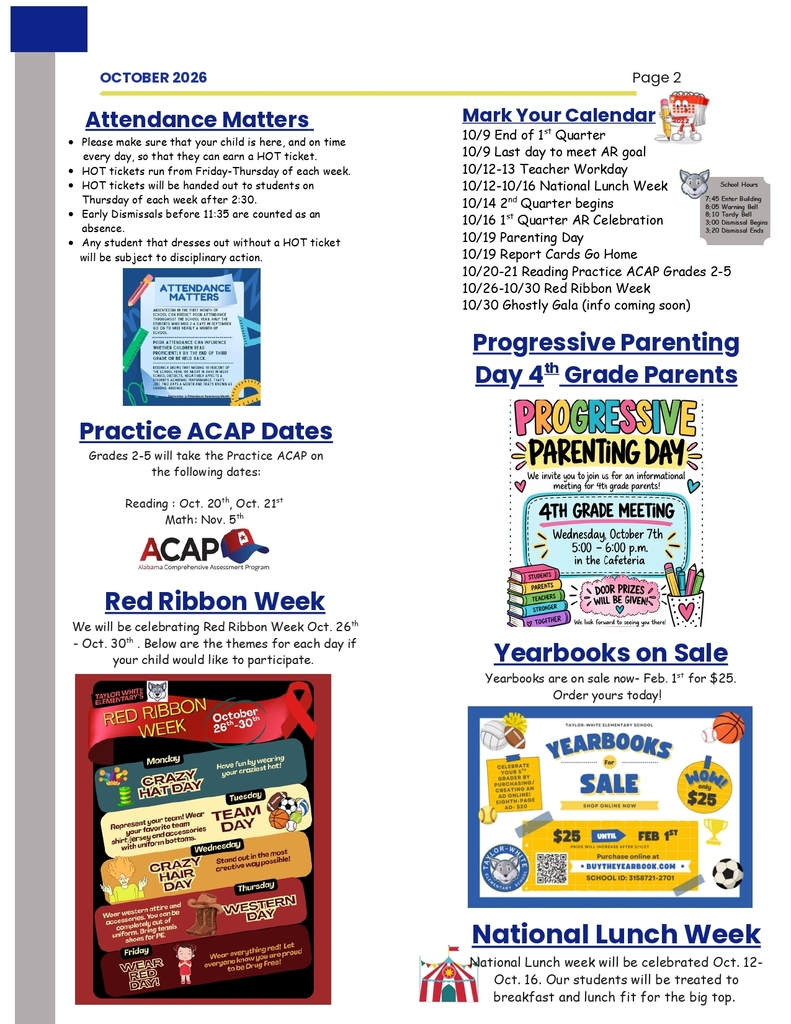 Document with headings and text about various events and dates, including "Attendance Matters," "Practice ACAP Dates," "Red Ribbon Week," "Yearbooks on Sale," and "National Lunch Week."