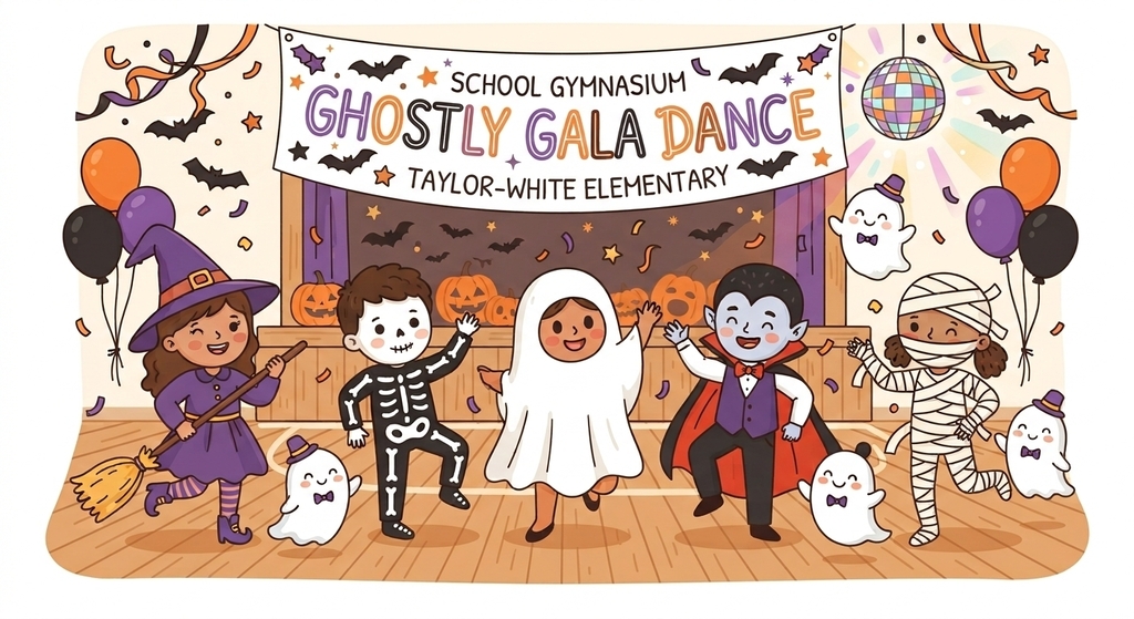 Children in costumes dance on a stage with balloons, pumpkins, and a banner reading "Ghostly Gala Dance."