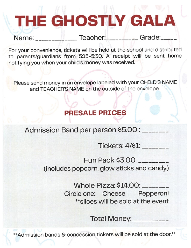 A flyer with "The Ghostly Gala" at the top. It lists ticket prices, a fun pack, and whole pizza options.