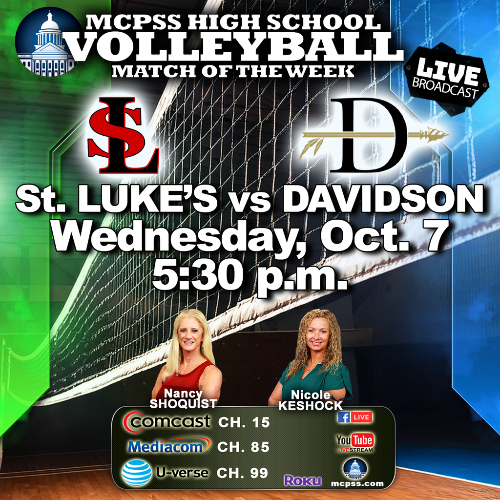 Graphic promoting the High School Volleyball Match of the Week between St. Luke's and Davidson on Oct. 7