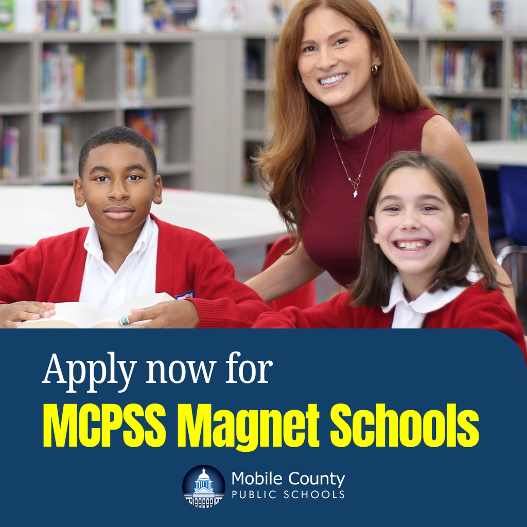 Graphic with a teacher and two smiling students and the words "Apply now for MCPSS Magnet Schools"