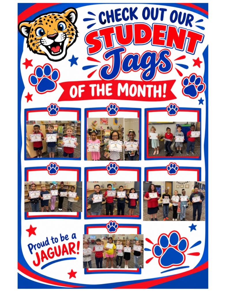 Blue and red background with "Student Tags of the Month!" text. Leopard head, paw prints, and stars. Four rows of photos of children holding certificates.