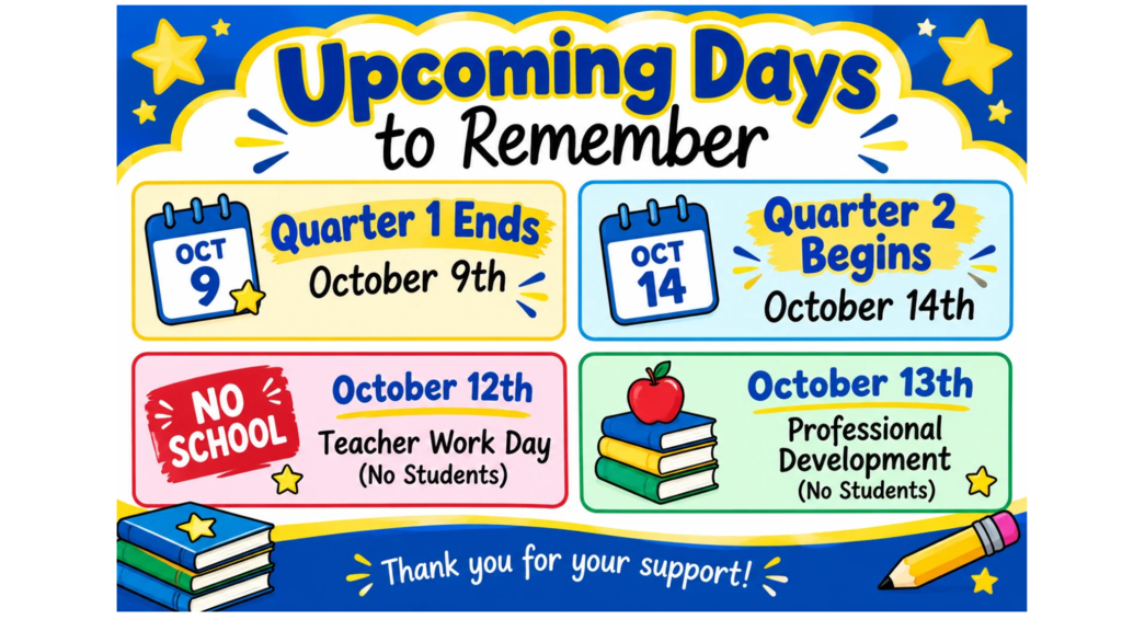 Calendar with four dates: October 9, 12, 13, and 14, each highlighting different events such as quarter end and teacher workday.
