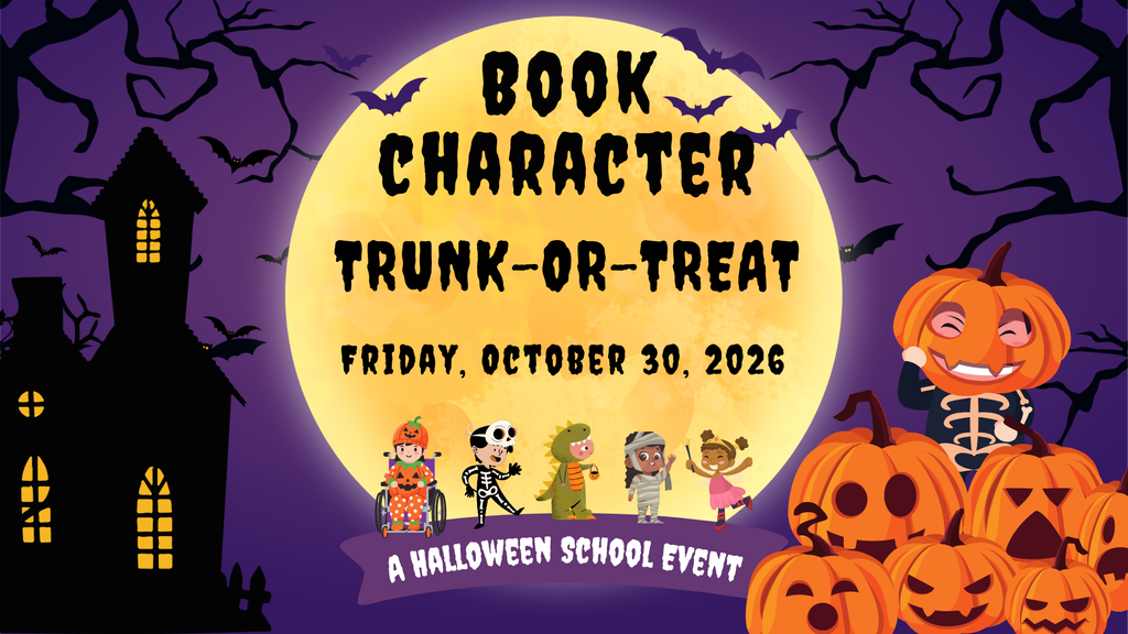 Halloween event banner with a full moon, castle, and kids in costumes, including a skeleton and pumpkin.