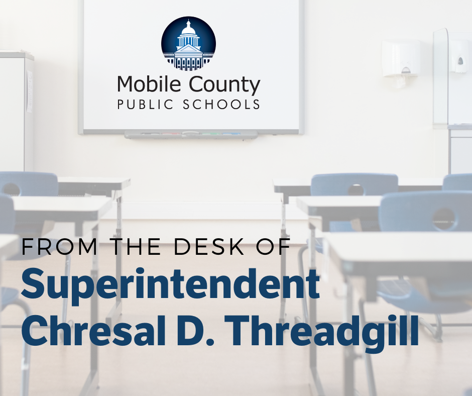 Classroom image with words From the Desk of Superintendent Chresal D. Threadgill