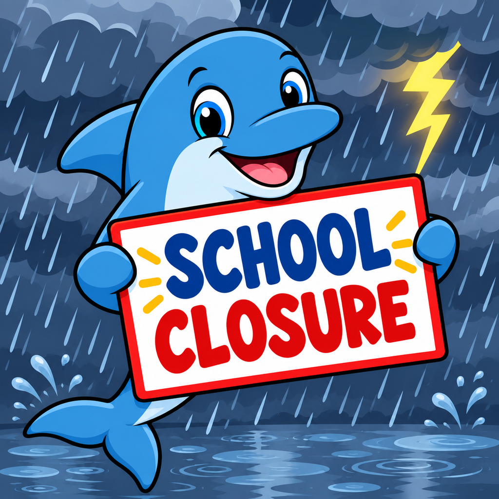 Cartoon dolphin holding a sign that reads "SCHOOL CLOSURE". The background features storm clouds and rain.