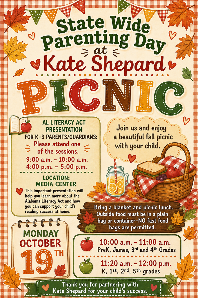 Poster for State Wide Parenting Day at Kate Shepard with text, a picnic basket, apples, a jar, and leaves.