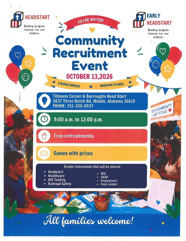 A flyer with happy families playing games and brightly colored balloons. It states that there will be a community recruitment event on October 13th from 9am-12pm. It will be at 5837 Three Notch Rd, Mobile, AL 36619. The phone number is 251-300-8937. There will be free refreshments, games with prizes, and important information that will be shared including: Headstart, healthcare, HIV testing, railroad safety, WIC, SNAP, employment, and food vendors.