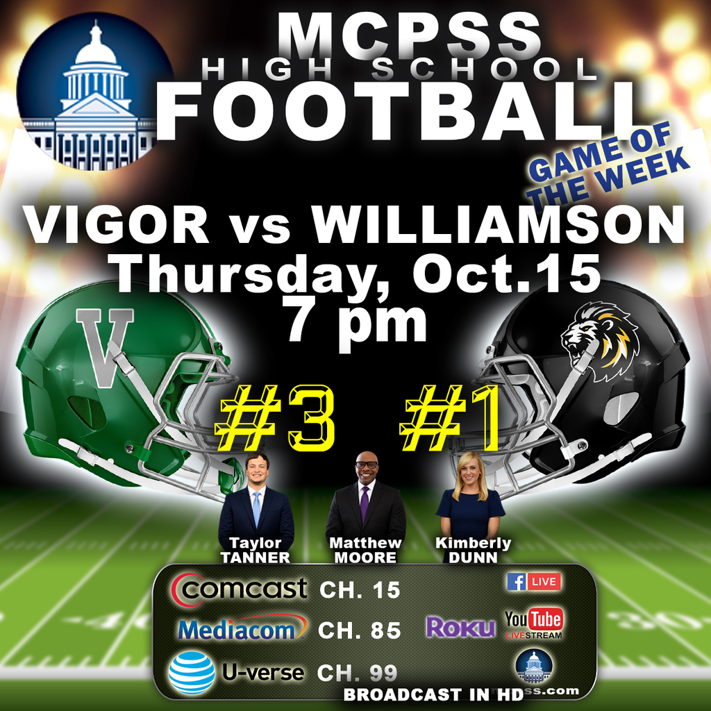 Graphic promoting the High School Football Game of the Week between Vigor and Williamson on Thursday, October 15